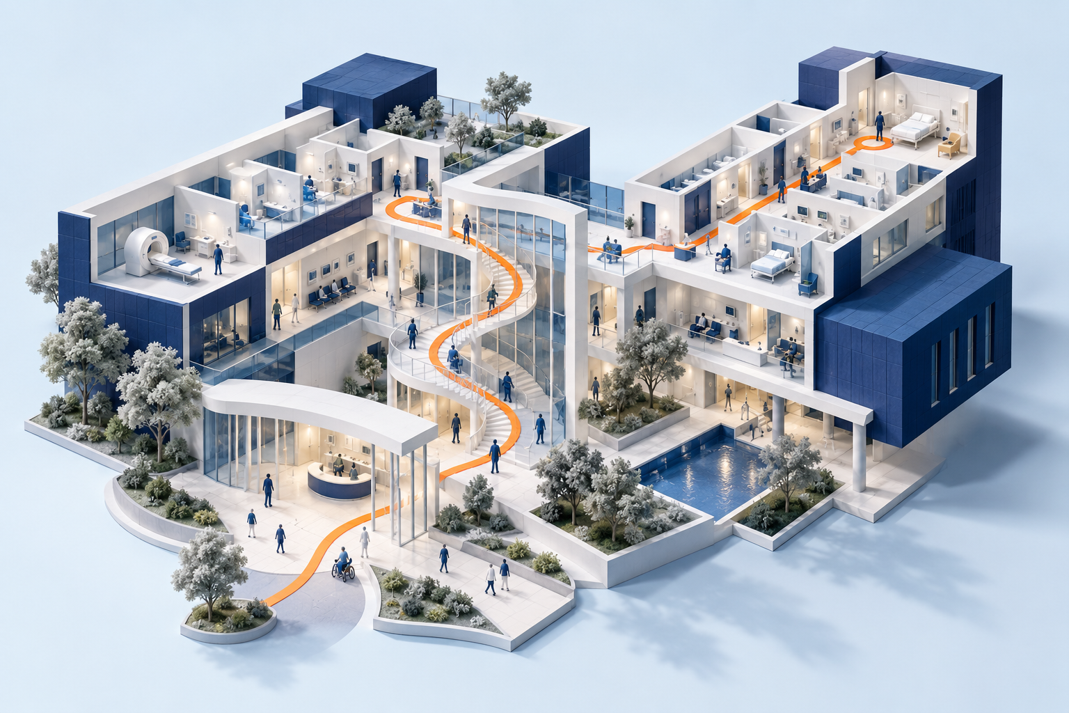 Illustrated healthcare campus with an orange thread connecting rooms and patient pathways