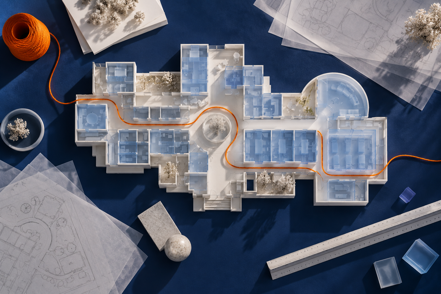 Architectural studio with blue hospital room models and an orange thread